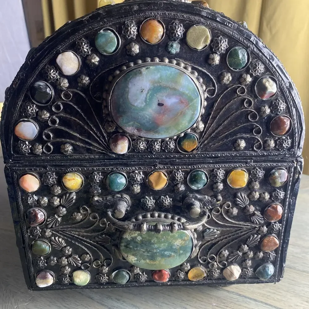 Vintage Moroccan Indian Wedding Jewelry Chest Box Dome Top Mixed Stones